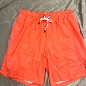 Third Wave Mens‎ Swim Trunks Neon Coral Orange Elastic Waist Drawstring Pocket L